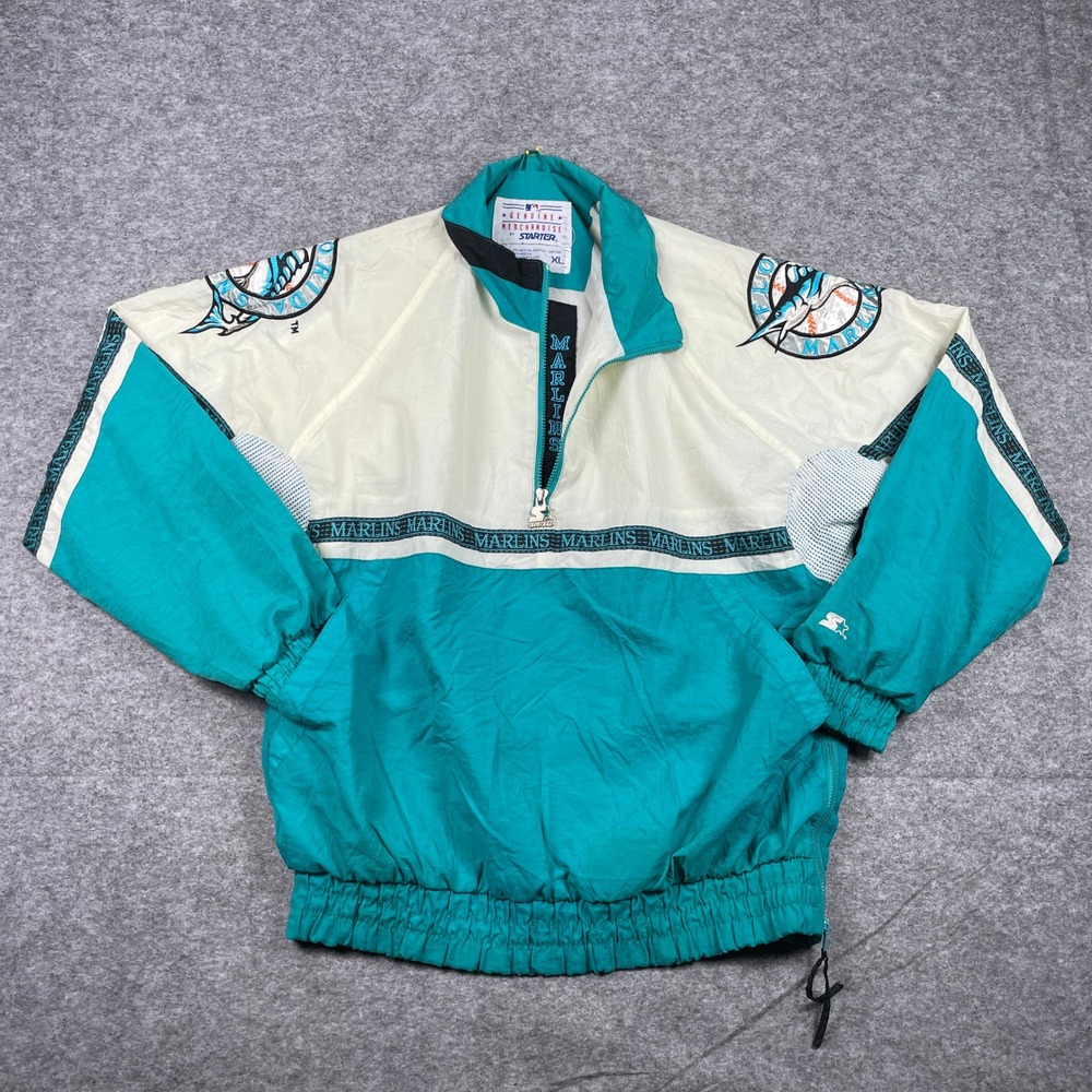 Vintage 90s Florida Marlins Starter Jacket Mens XL Teal Half Zip Windbreaker
